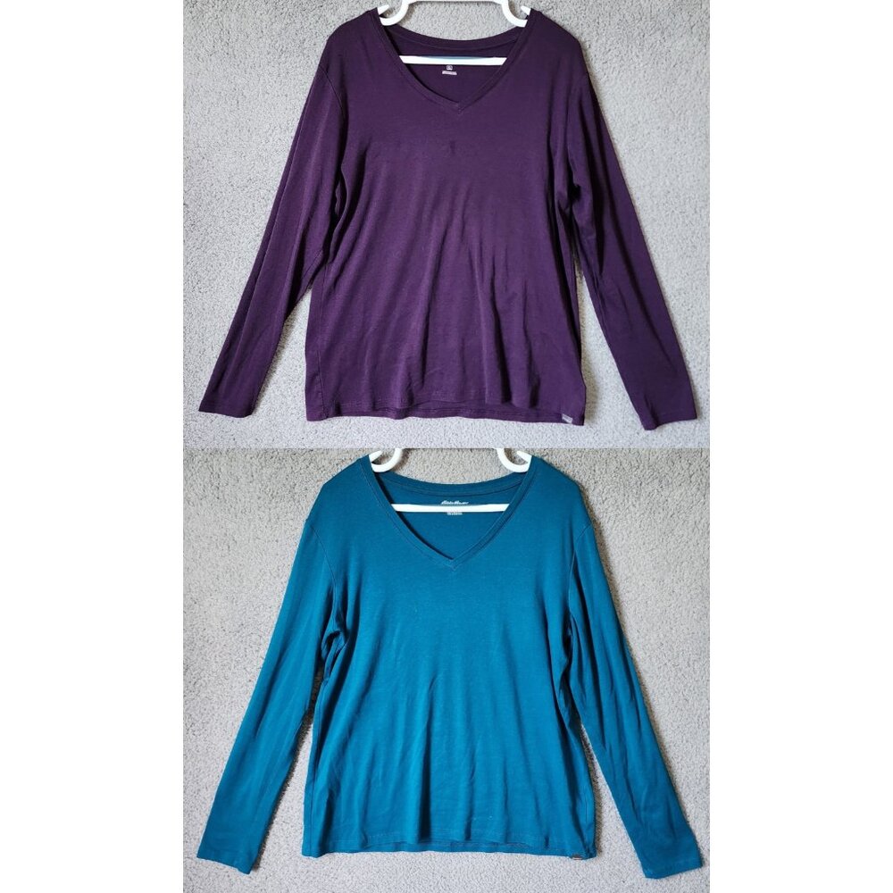 x2 Eddie Bauer Womens XL Long Sleeve V Neck T Shirt Tops Modal Blend Blue/Purple